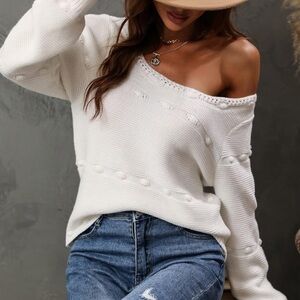 Material Girls White Pom Pom Sweater Loose Cotton Knit Pouffy Sleeve Whimsical